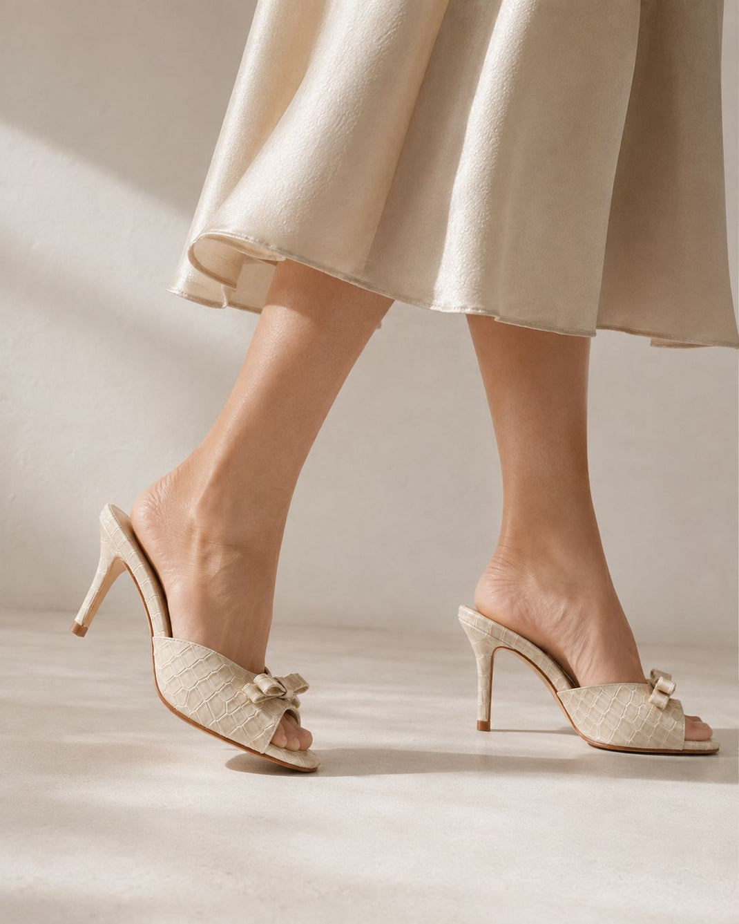 Velissa Lyra Mule 75mm mule heels in Cream croco-embossed leather, designed in Dubai