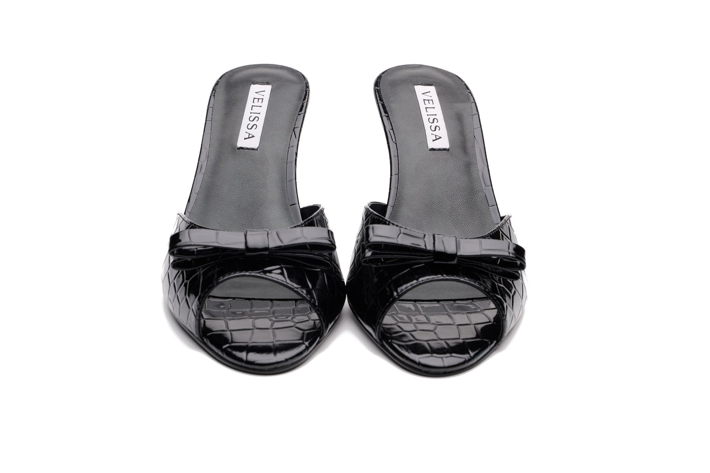 [black] Velissa Lyra Mule 75mm mule heels in Black croco-embossed leather, designed in Dubai