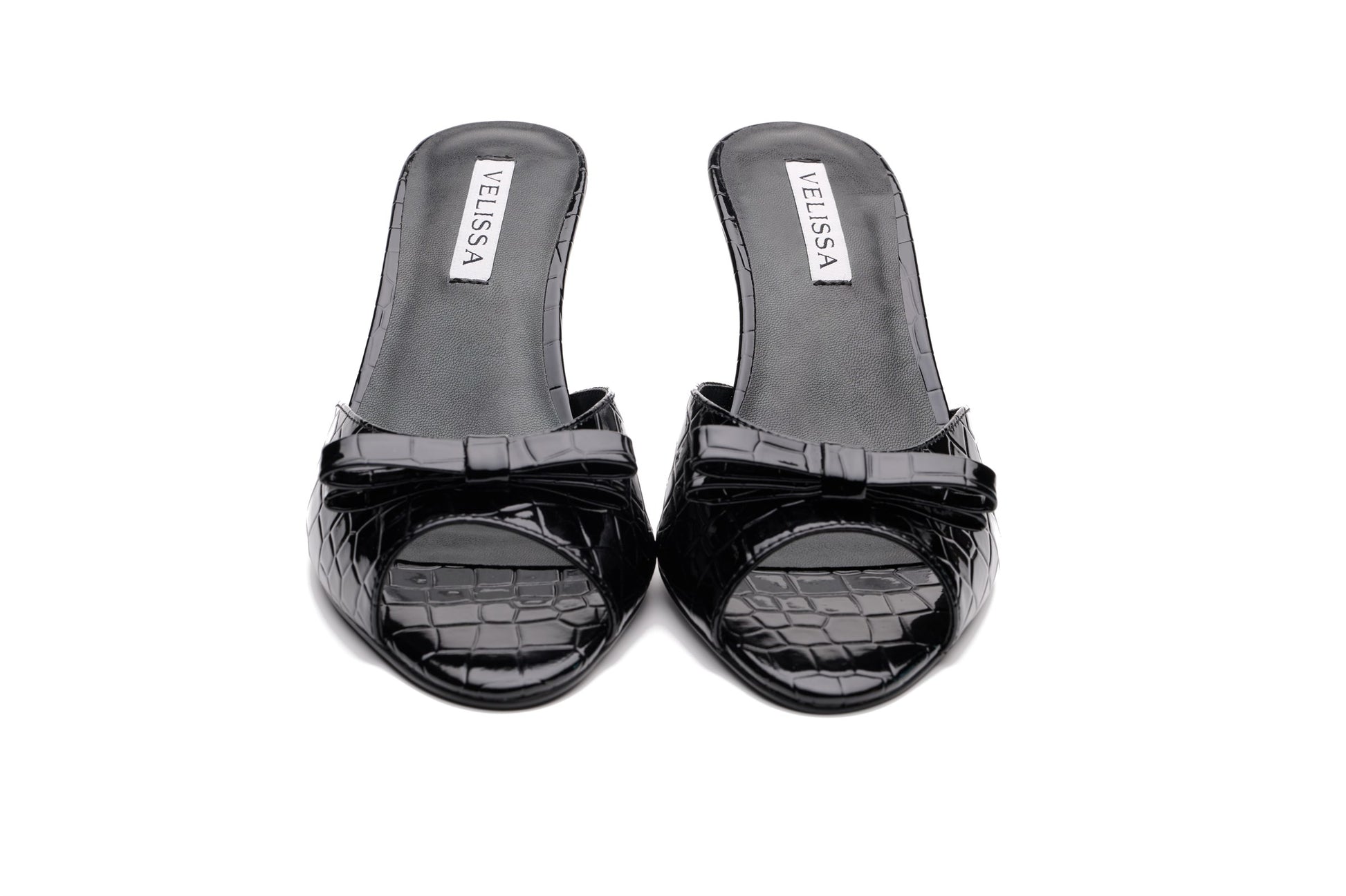 [black] Velissa Lyra Mule 75mm mule heels in Black croco-embossed leather, designed in Dubai