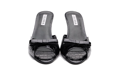 [black] Velissa Lyra Mule 75mm mule heels in Black croco-embossed leather, designed in Dubai