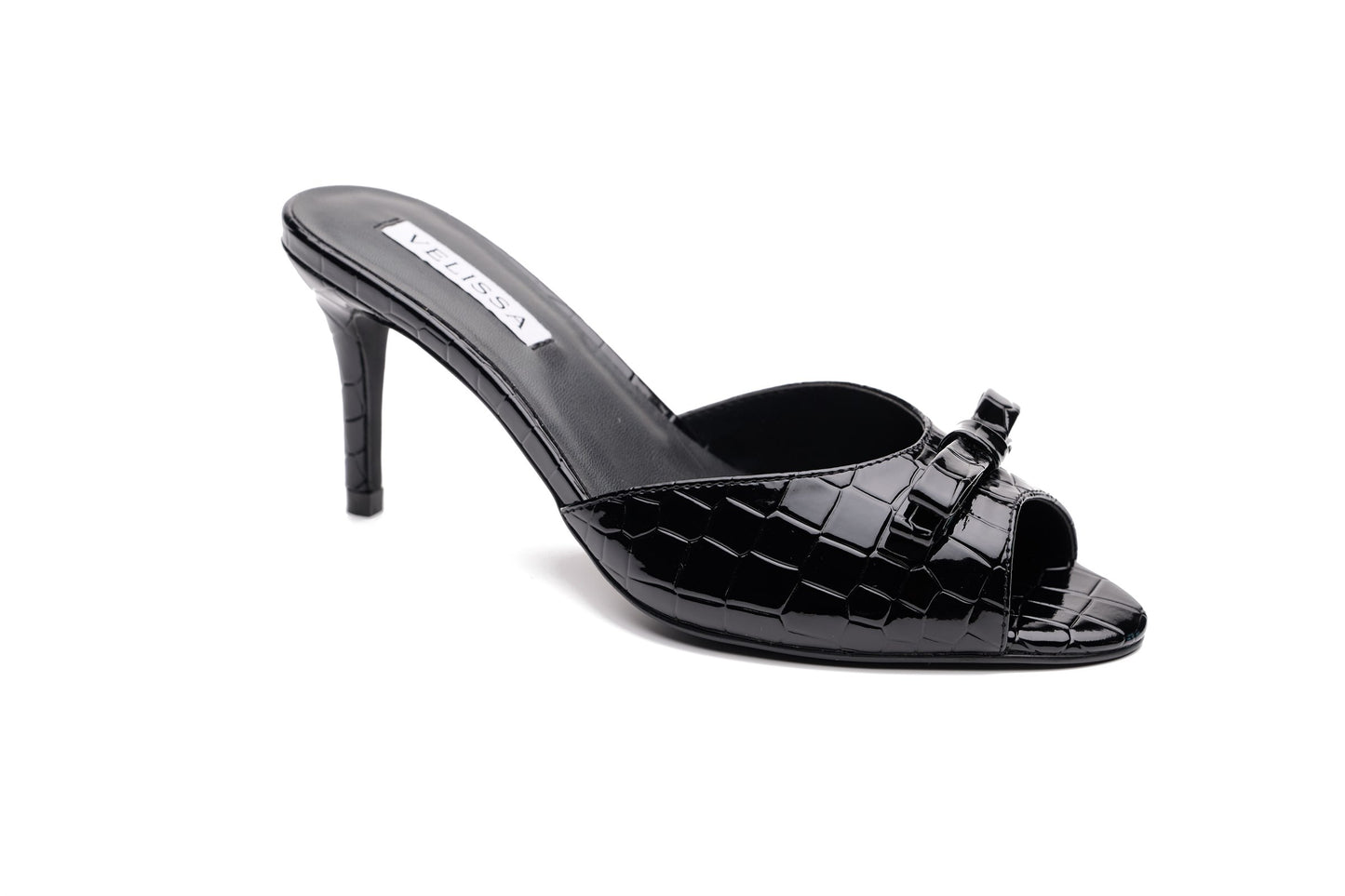 [black] Velissa Lyra Mule 75mm mule heels in Black croco-embossed leather, designed in Dubai