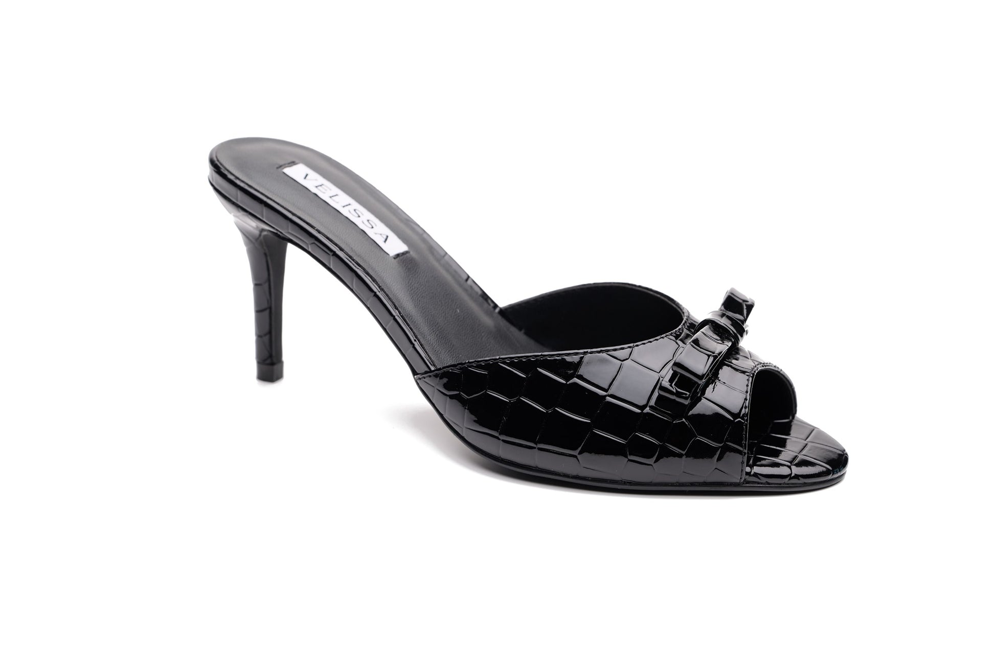 [black] Velissa Lyra Mule 75mm mule heels in Black croco-embossed leather, designed in Dubai