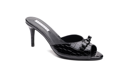 [black] Velissa Lyra Mule 75mm mule heels in Black croco-embossed leather, designed in Dubai