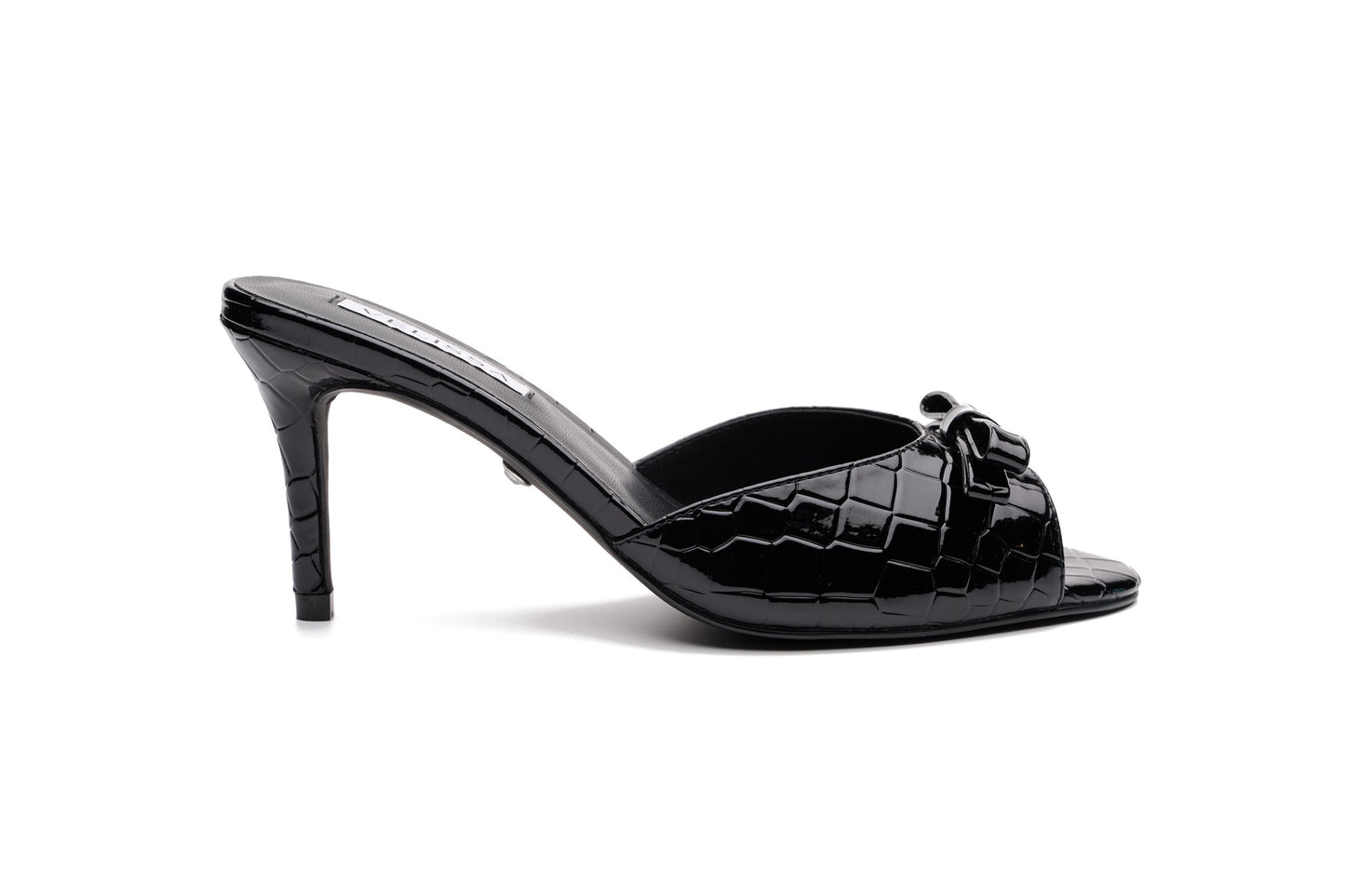 [black] Velissa Lyra Mule 75mm mule heels in Black croco-embossed leather, designed in Dubai