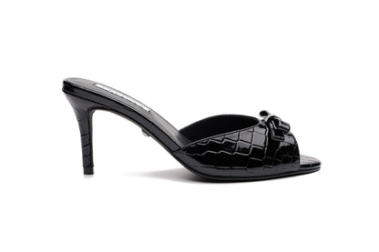[black] Velissa Lyra Mule 75mm mule heels in Black croco-embossed leather, designed in Dubai