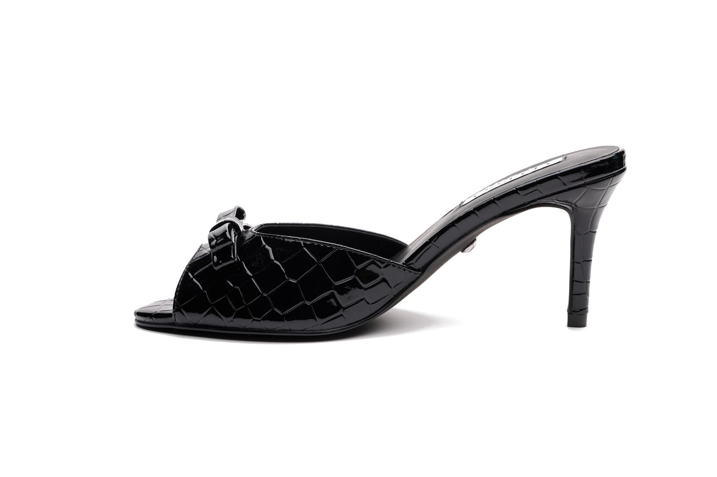 [black] Velissa Lyra Mule 75mm mule heels in Black croco-embossed leather, designed in Dubai
