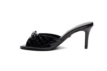 [black] Velissa Lyra Mule 75mm mule heels in Black croco-embossed leather, designed in Dubai