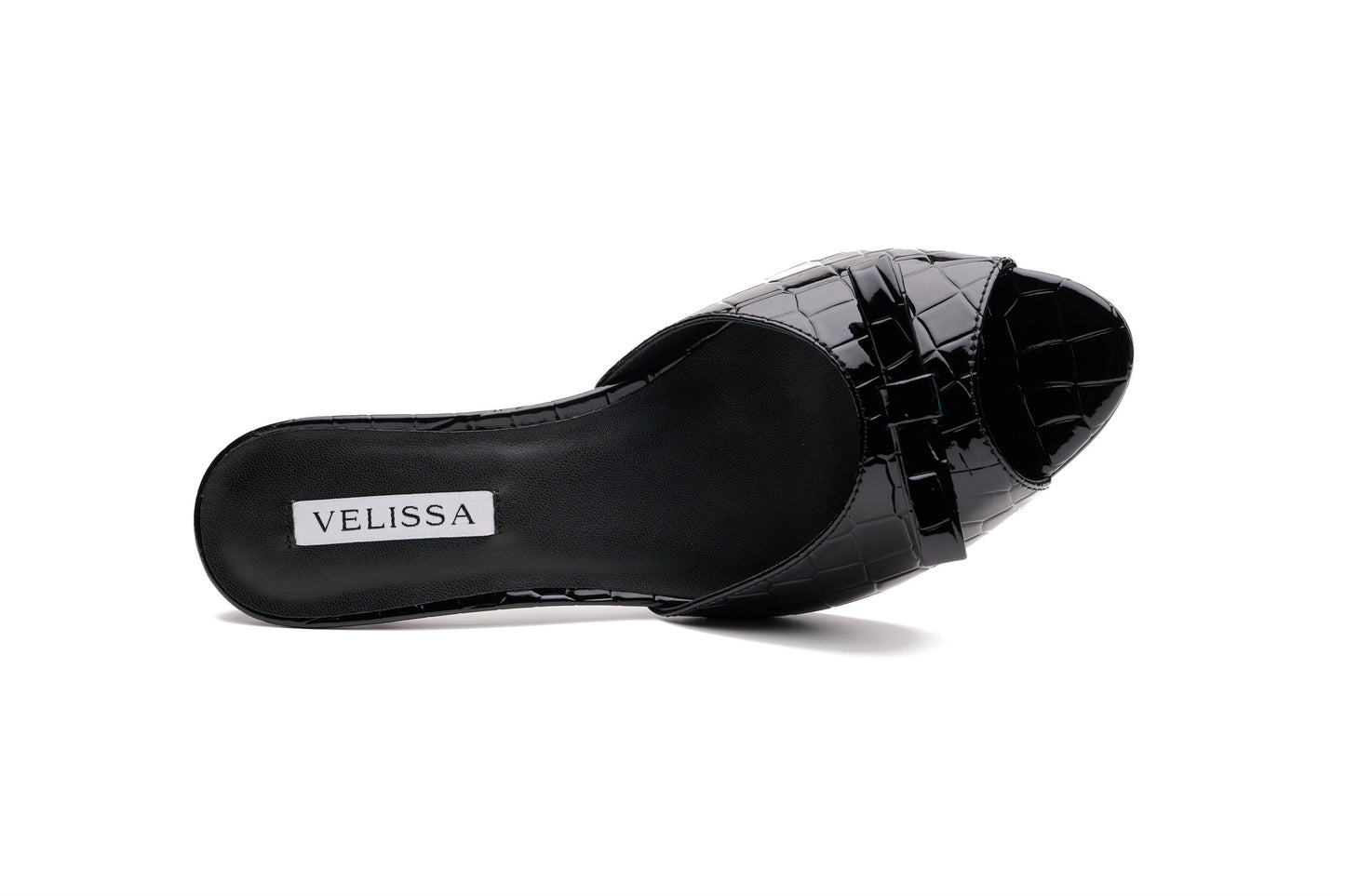[black] Velissa Lyra Mule 75mm mule heels in Black croco-embossed leather, designed in Dubai