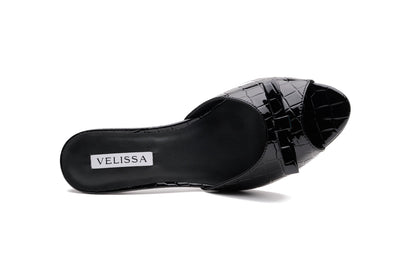 [black] Velissa Lyra Mule 75mm mule heels in Black croco-embossed leather, designed in Dubai