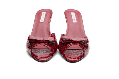 [burgundy] Velissa Lyra Mule 75mm mule heels in Burgundy croco-embossed leather, designed in Dubai
