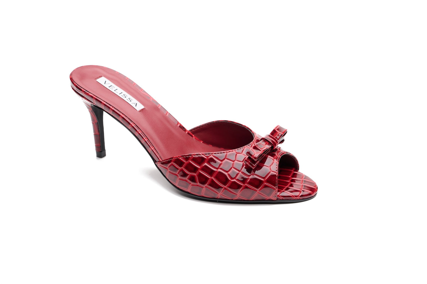 [burgundy] Velissa Lyra Mule 75mm mule heels in Burgundy croco-embossed leather, designed in Dubai