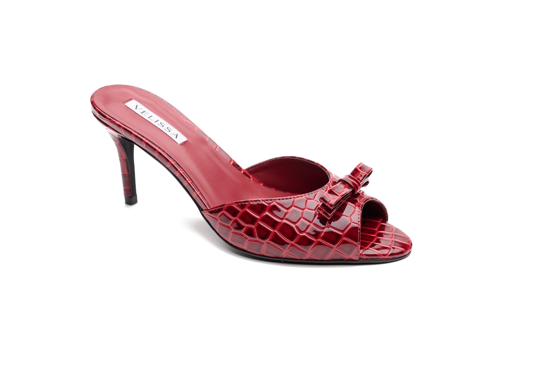 [burgundy] Velissa Lyra Mule 75mm mule heels in Burgundy croco-embossed leather, designed in Dubai