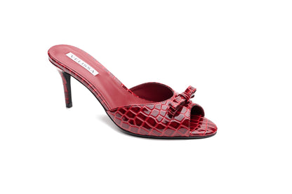 [burgundy] Velissa Lyra Mule 75mm mule heels in Burgundy croco-embossed leather, designed in Dubai