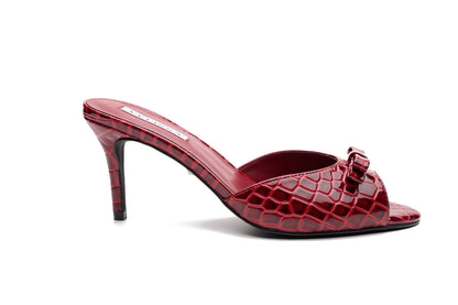 [burgundy] Velissa Lyra Mule 75mm mule heels in Burgundy croco-embossed leather, designed in Dubai