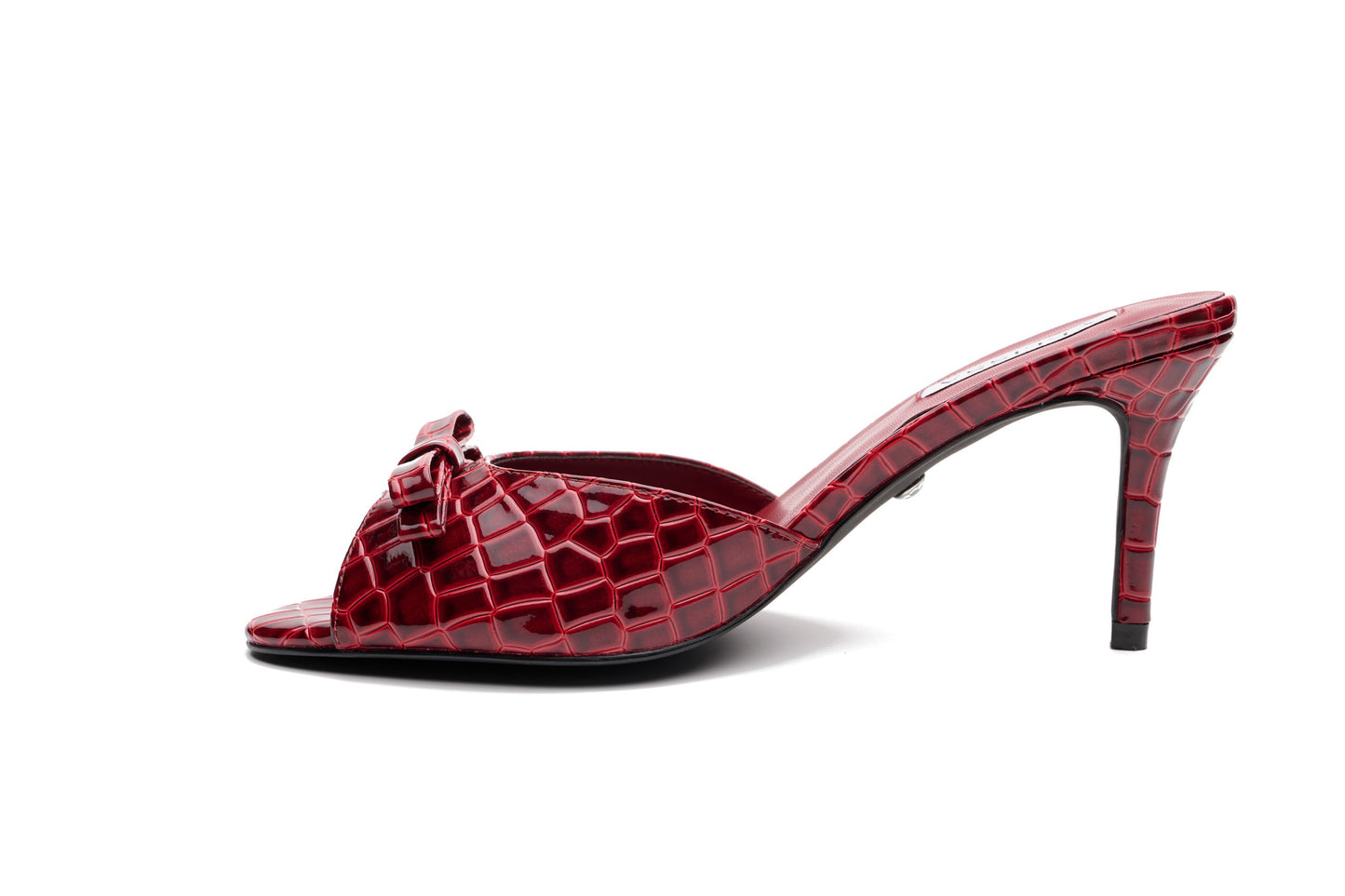 [burgundy] Velissa Lyra Mule 75mm mule heels in Burgundy croco-embossed leather, designed in Dubai