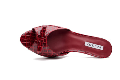 [burgundy] Velissa Lyra Mule 75mm mule heels in Burgundy croco-embossed leather, designed in Dubai