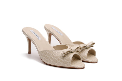 [cream] Velissa Lyra Mule 75mm mule heels in Cream croco-embossed leather, designed in Dubai