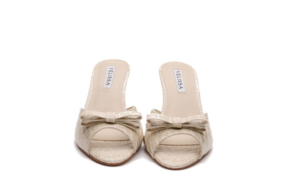 [cream] Velissa Lyra Mule 75mm mule heels in Cream croco-embossed leather, designed in Dubai