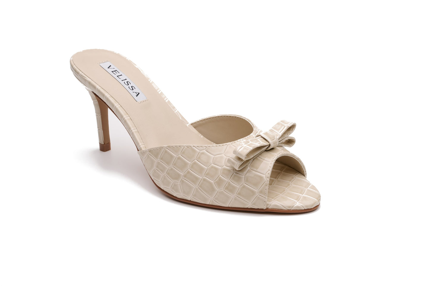 [cream] Velissa Lyra Mule 75mm mule heels in Cream croco-embossed leather, designed in Dubai