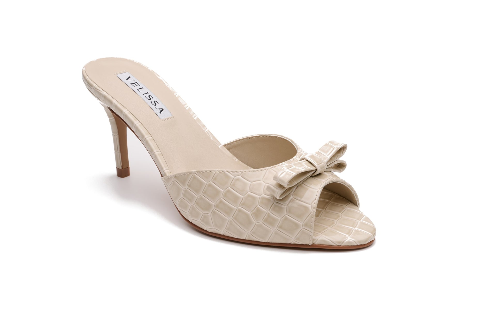[cream] Velissa Lyra Mule 75mm mule heels in Cream croco-embossed leather, designed in Dubai