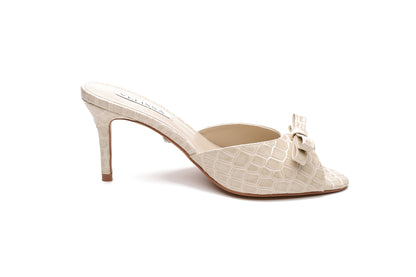 [cream] Velissa Lyra Mule 75mm mule heels in Cream croco-embossed leather, designed in Dubai
