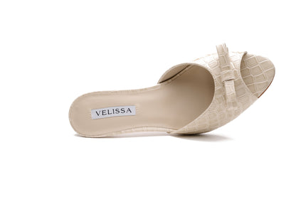 [cream] Velissa Lyra Mule 75mm mule heels in Cream croco-embossed leather, designed in Dubai
